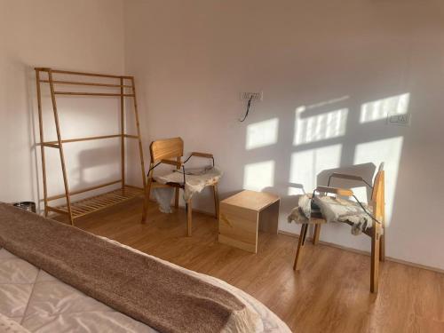 列城Rumi Cafe and Stay的一间卧室配有一张床、一把椅子和梯子