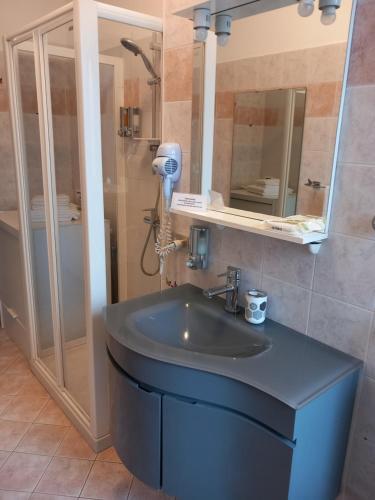 特伦托海王星住宿加早餐旅馆的浴室配有蓝色水槽和淋浴。