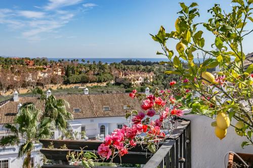 马贝拉Molo Luxury Suites Puerto Banus的鲜花阳台享有城市美景。