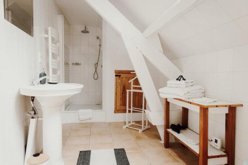 LézignanLes Perséides的白色的浴室设有水槽和卫生间。