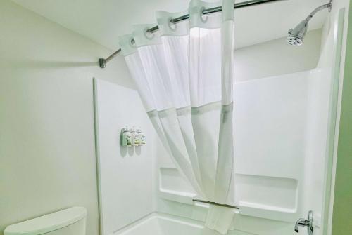马修斯Wingate by Wyndham Matthews, NC的浴室设有白色的淋浴帘和卫生间