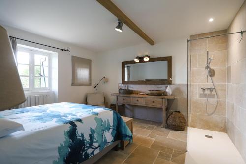 圣皮索内维尔Belle maison basque avec grande Piscine chauffée (5x10m2)的一间卧室设有淋浴、一张床和镜子