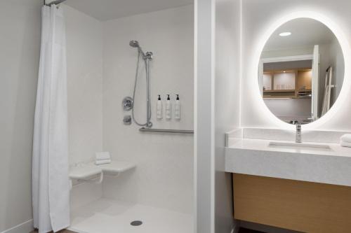 GenevaTownePlace Suites by Marriott Geneva at SPIRE Academy的带淋浴、盥洗盆和镜子的浴室