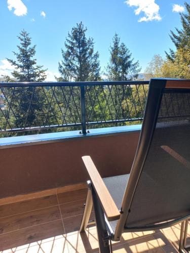 兹拉蒂博尔Zlatiborske terase Spa&Wellness的树木景阳台的椅子