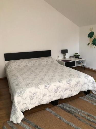 雅西Casa Rediu Iasi的卧室配有一张带白色棉被的大床
