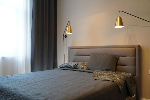 利耶帕亚Giertmaņa apartamenti的一间卧室配有带两个枕头和一盏灯的床