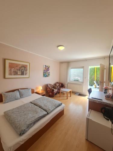 布拉迪斯拉发Cozy Room with garden in Bratislava的一间带大床的卧室和一间客厅