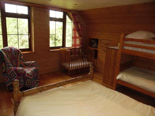 查尔德Tamarack Lodge的小木屋内一间卧室配有两张双层床