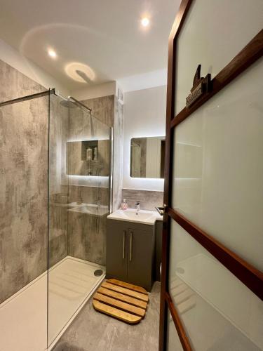 布莱顿霍夫Stunning Victorian Mansion Flat的带淋浴和盥洗盆的浴室