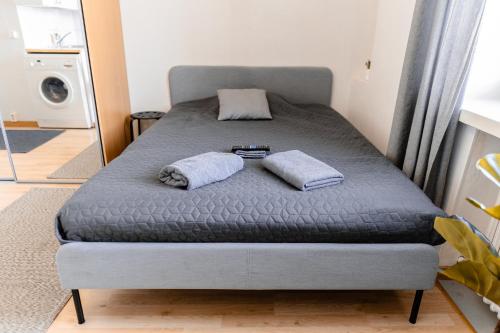 赫尔辛基Nordstay - Stylish Central Studio self check-in的一张床上有两个枕头的房间