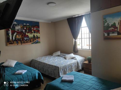 伊察Hamuy's Lodge的一间卧室设有两张床和窗户。