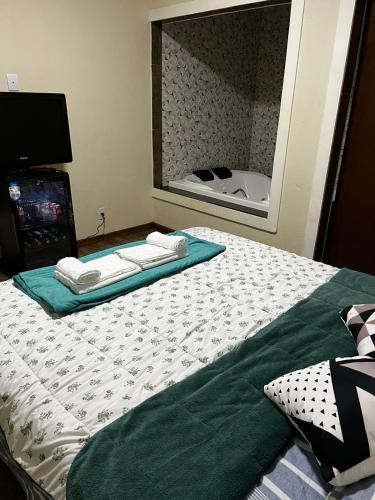 新利马Pousada Rota dos Macacos的一间卧室配有一张床和一面大镜子