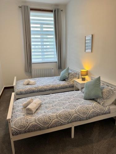 亚历山德里亚Ben Lomond Apartment的带窗户的客房内设有两张单人床。