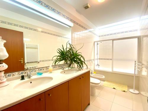 卡米尼亚Vistas do Minho的一间带两个盥洗盆、卫生间和大镜子的浴室