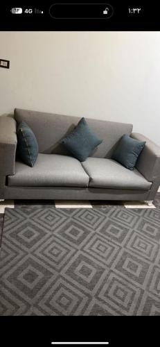 Manshīyat as Sādātشقة الزقازيق的客厅配有带蓝色枕头的灰色沙发