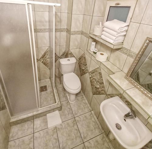 CholerzynKRK stop的浴室配有卫生间、淋浴和盥洗盆。