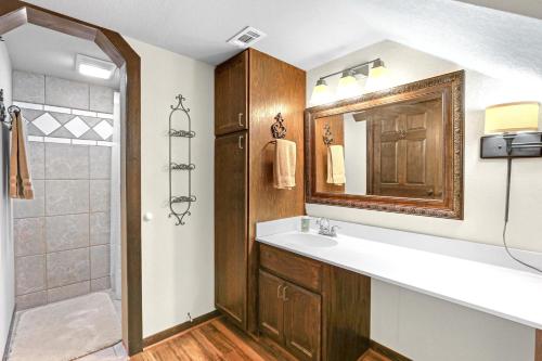 新布朗费尔斯Clutter Falls Retreat- Main House的一间带水槽、镜子和淋浴的浴室
