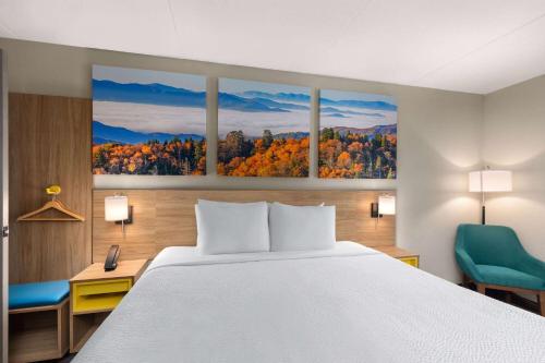 查塔努加蒂夫顿尼亚山景戴斯酒店的酒店客房,墙上挂有三幅画作,配有一张床