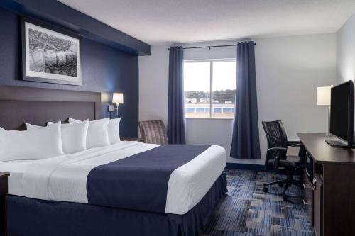 圣约翰圣约翰旅行酒店的配有一张床、一张书桌和一扇窗户的酒店客房