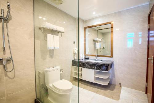 金边Notis International Hotel 诺蒂斯国际酒店的一间带卫生间和玻璃淋浴间的浴室