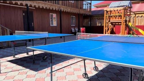 QabanbayДом Отдыха Айзада的天井上设有两张蓝色乒乓球桌