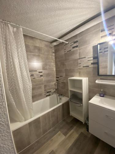 维拉尔-德朗Appartement 50m2 vue imprenable avec garage draps et serviettes compris的带浴缸和盥洗盆的浴室