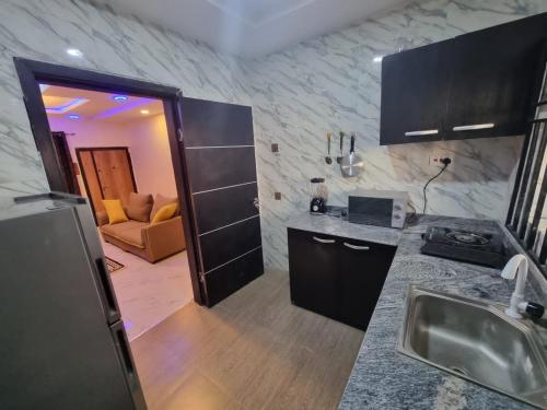 伊洛林Mirola Apartments的厨房配有水槽和台面