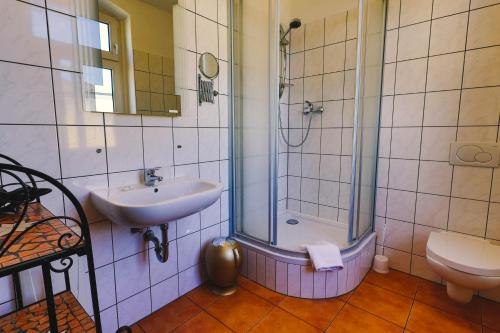 德累斯顿Ryde & Hyde Budget Hotel的一间带水槽、淋浴和卫生间的浴室
