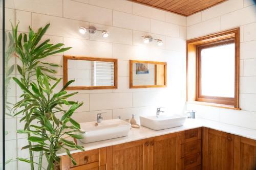 维拉韦德Villa Helda - Private Bedroom in a Shared Villa of 4 bedroom的浴室设有两个水槽和盆栽植物