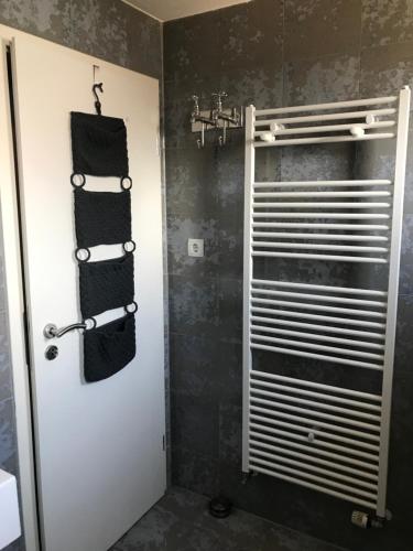 布尔高Gästehaus Nicole的一间带毛巾架和淋浴的浴室
