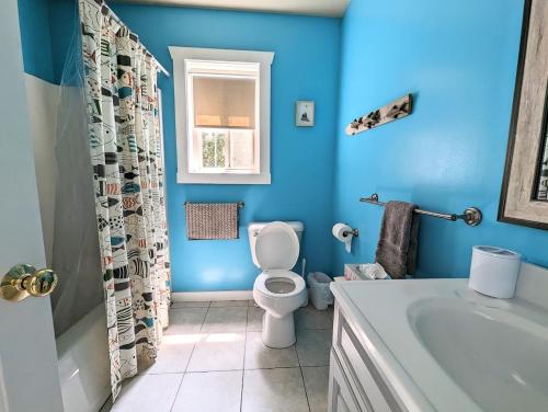 Prospect HarborSunset Cove Cottage private beach的蓝色的浴室设有卫生间和水槽
