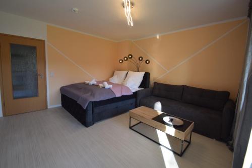 马格德堡Bliss Place - 1R Premium Apartment - Kingsize Bett, Smart TV, Küche, Balkon, Waschkeller的客厅配有床和沙发