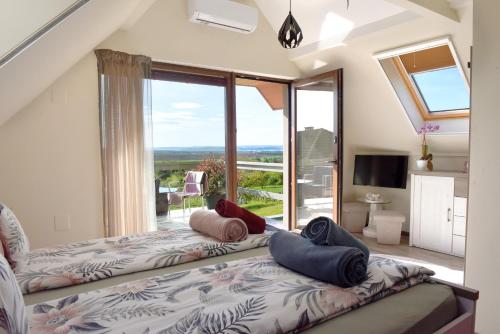 希欧福克Jódi-Hegy Resort Siófok的客房设有两张床和大窗户。