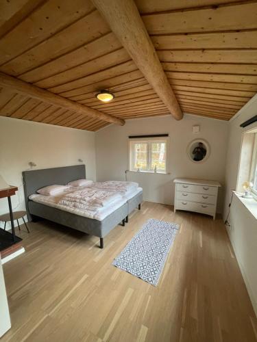 雷克桑德Stuga的一间卧室设有一张床和木制天花板