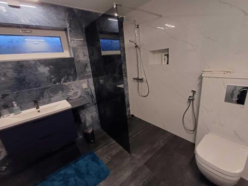 派尔努派尔努波斯蒂公寓的浴室配有卫生间、盥洗盆和淋浴。