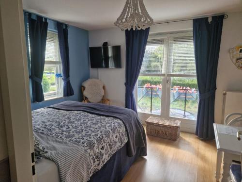 埃因霍温B&B Le Bon Vivant Eindhoven的一间卧室配有一张蓝色墙壁和窗户的床