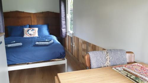 皮滕Pipowagen Bed bij Bos的一间设有蓝色床和一张桌子的小卧室