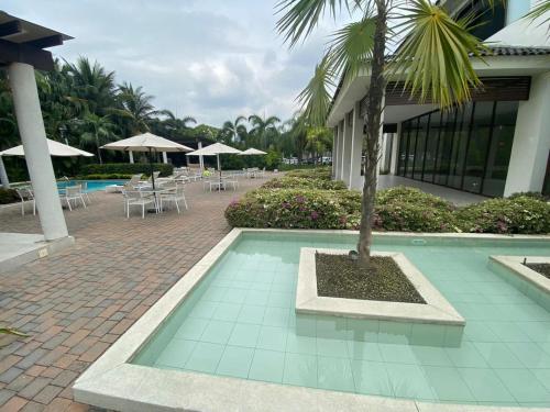SamborondÃ³nMinisuite entrada lateral, seguridad y privacidad的一座游泳池,旁边是一座棕榈树
