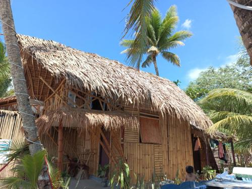 Locaroc8 Star Paradise的草屋顶和棕榈树小屋