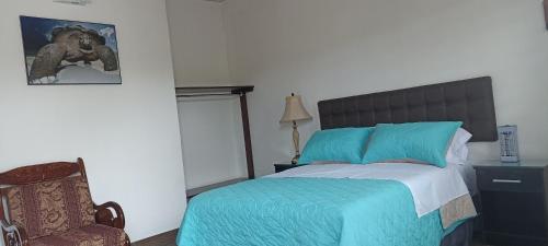 巴克里索莫雷诺港La Candelaria, Casa de huéspedes.的一间卧室配有一张带蓝色床单的床和一把椅子