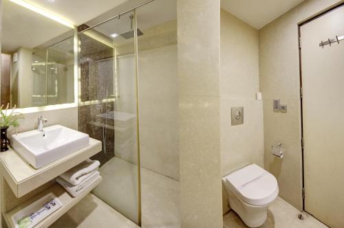 新德里Hotel Good Times Near Metro的一间带水槽、卫生间和淋浴的浴室