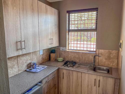 侯斯普瑞特African Dream Tour的厨房配有木制橱柜、水槽和窗户。