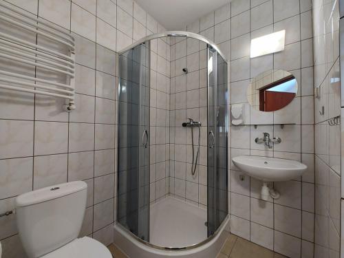 卡尔帕奇DW米喜客酒店的带淋浴、卫生间和盥洗盆的浴室
