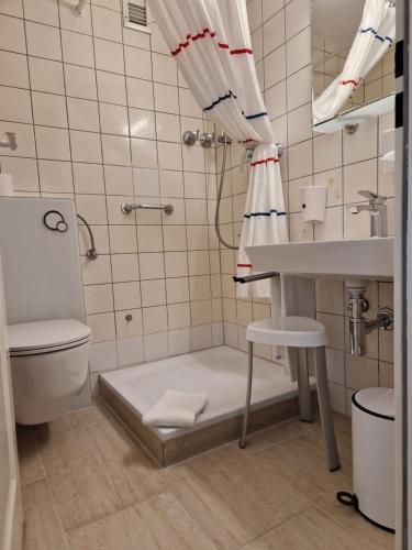 弗莱堡弗莱堡公寓酒店的带淋浴、盥洗盆和卫生间的浴室