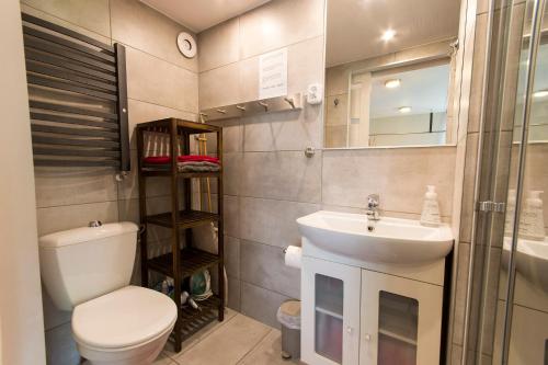波莫瑞地区卡缅Apartament Rekowo的一间带卫生间、水槽和镜子的浴室