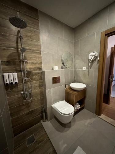 科布列季Hotel Homey Kobuleti的浴室配有卫生间、盥洗盆和淋浴。