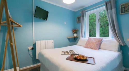 圣艾夫斯Rebels Retreat - 2-Bed Chalet nr St Ives & Hayle的蓝色的卧室,配有一张床和水果盘