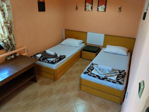 瓦尔纳Hostel Varna Botanika的一间设有两张床和长凳的房间