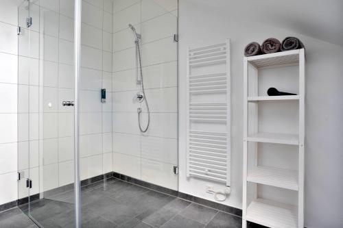 伦格里希Schöne Apartments in Lengerich I home2share的带淋浴和玻璃淋浴间的浴室