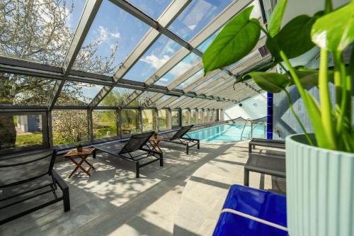 巴贝希尔索霍斯酒店的一个带游泳池和长凳的玻璃房子